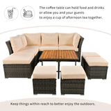 English Elm Patio Furniture Set, 10 Piece Outdoor Conversation Set, Coffeetable With Ottomans, Solid Wood Coffee Table