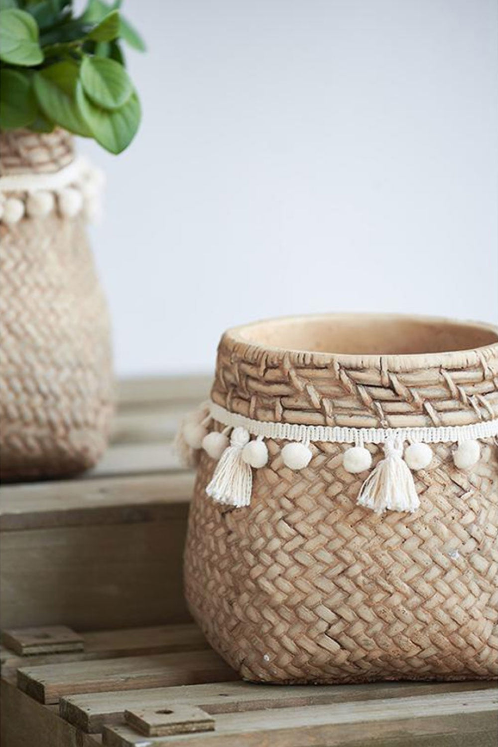 English Elm Set Of 2 Stylish 6.5" Brown Cement Planters With Woven Tassels - Perfect For Small Plants & Decor! W2078P326608-GIGA