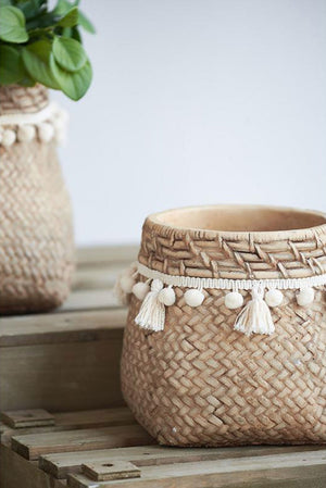 English Elm Set Of 2 Stylish 6.5" Brown Cement Planters With Woven Tassels - Perfect For Small Plants & Decor! W2078P326608-GIGA