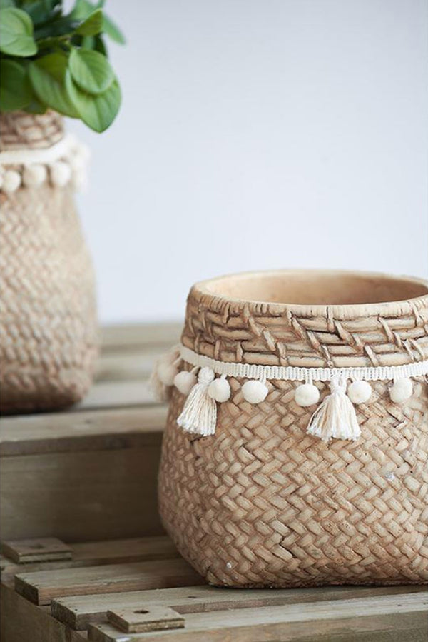 English Elm Set Of 2 Stylish 6.5" Brown Cement Planters With Woven Tassels - Perfect For Small Plants & Decor! W2078P326608-GIGA