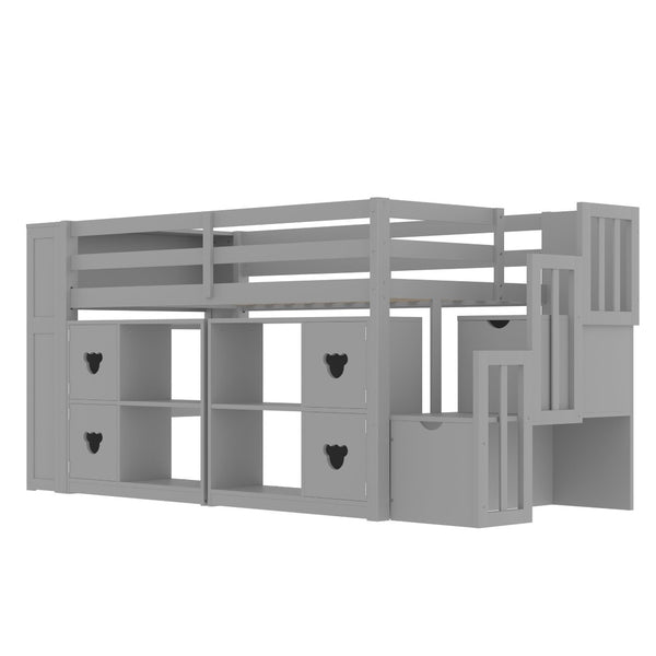 English Elm Twin Kids Low Loft Bed with Stair Drawers Built-in Led Shelving and Bear Handles W697S00040