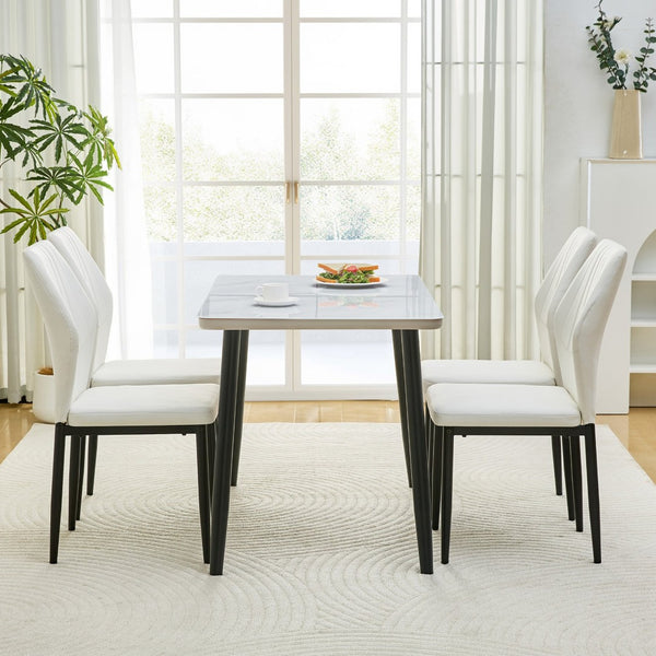 English Elm Table and Chair Set Marble Look Glass Top with Four Pu Shell Back Dining Seats W1151S04631