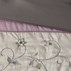 English Elm Embroidered 7-Piece Comforter Set In Soft Purple & Grey For California King - Luxurious Floral Design B03596943