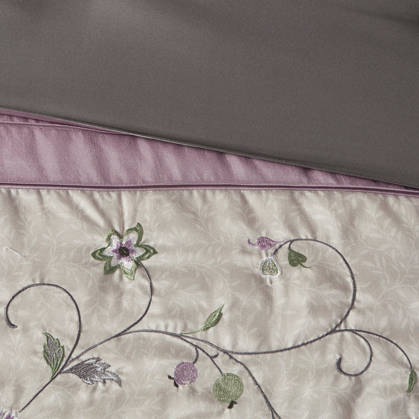 English Elm Embroidered 7-Piece Comforter Set In Soft Purple & Grey For California King - Luxurious Floral Design B03596943