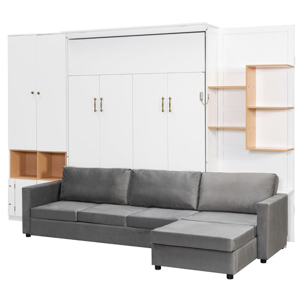 English Elm Queen Murphy Wall Bed with Velvet Sofa Built in Shelves Cabinets and Reading Lights White LP000393AAK