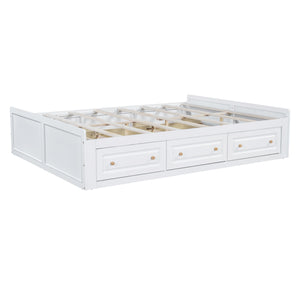 English Elm Wood Queen Size Platform Bed Frame with 6 Drawers for Storage, Sturdy Pine/MDF Slat System, 500lb Capacity White N709P241723K