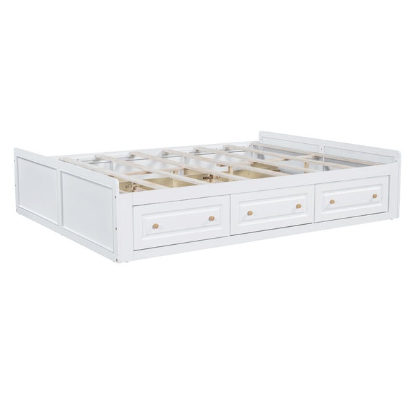 English Elm Wood Queen Size Platform Bed Frame with 6 Drawers for Storage, Sturdy Pine/MDF Slat System, 500lb Capacity White N709P241723K