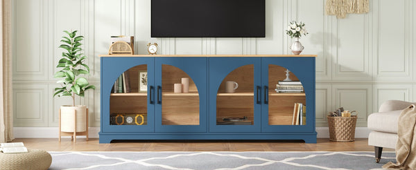 English Elm Farmhouse Media Console with Arched Glass Doors Wood Grain Two Tone Living Room Storage Blue N721P411204C