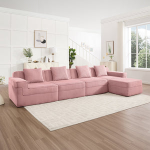 English Elm Modular 4-Seat L Shape Sectional Sofa - Plush Corduroy Couch With Movable Ottoman & Pillows, Pink W3041S00342