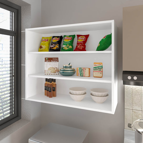 English Elm Chinle Minimalist Wall Cabinet with 3 Open Melamine Shelves for Kitchen Organization and Display White 37 L x 30.8 W x 3.5 H B128P244991