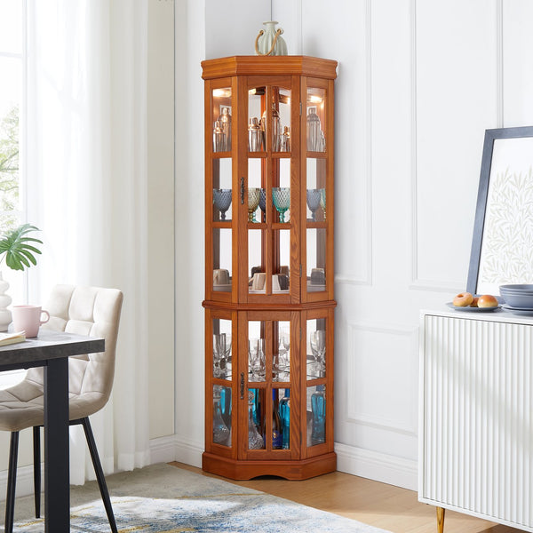 English Elm Corner Curio Cabinet with 5 Shelves and Built-In Lighting, Glass Display Case for Home Décor and Collectibles, Space-Saving Corner Accent (47x21x10.75) Oak W1693P183979