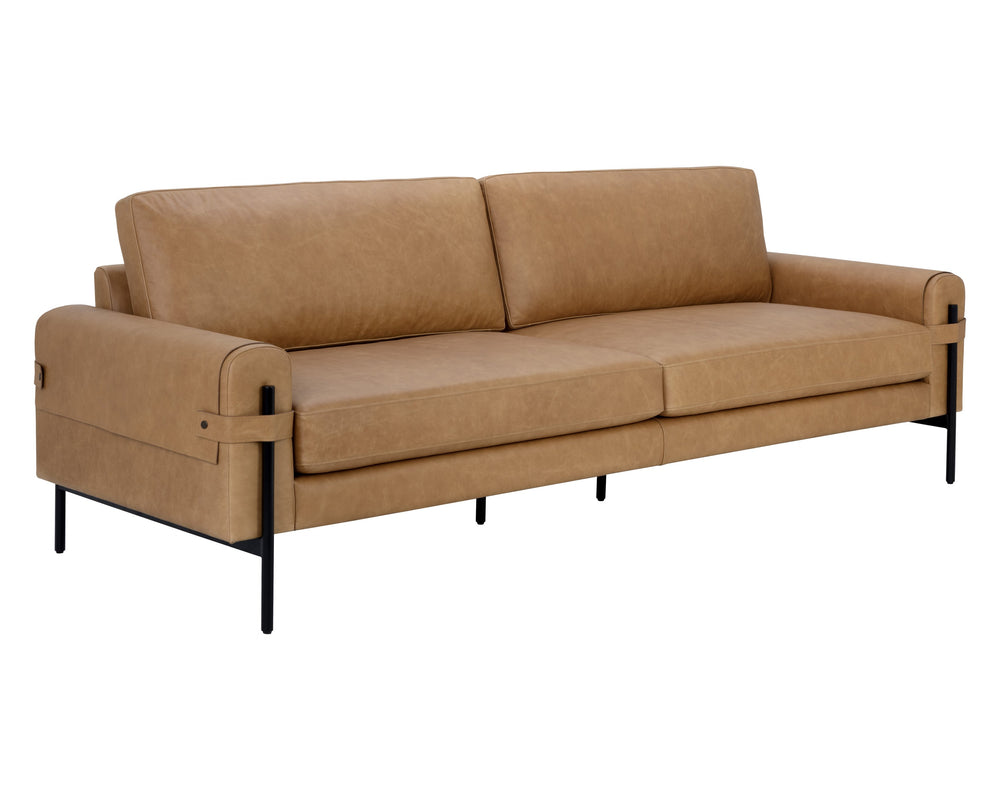 Sunpan Camus Sofa - Luxurious Top Grain Leather with Stylish Strap Detailing and Matte Black Iron Legs