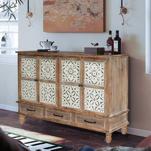 English Elm 59.06" Rustic Natural Wood Accent Cabinet with 4 Doors & 3 Drawers, Adjustable Shelves, Durable MDF W2295P290643