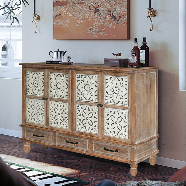 English Elm 59.06" Rustic Natural Wood Accent Cabinet with 4 Doors & 3 Drawers, Adjustable Shelves, Durable MDF W2295P290643