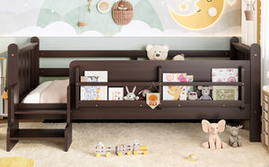 English Elm Twin Pine Floor Bed for Kids with Side Bookcases Built-in Stairs and Safety Guardrails Espresso W1580P390217