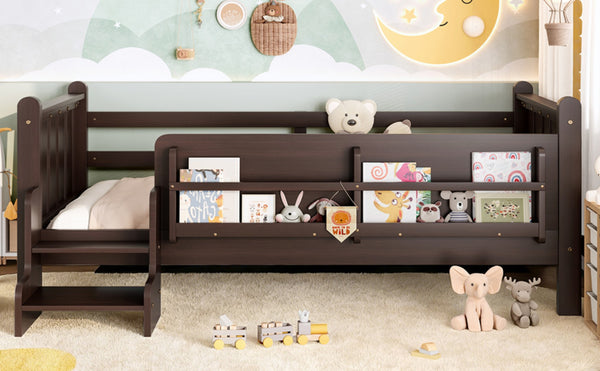 English Elm Twin Pine Floor Bed for Kids with Side Bookcases Built-in Stairs and Safety Guardrails Espresso W1580P390217