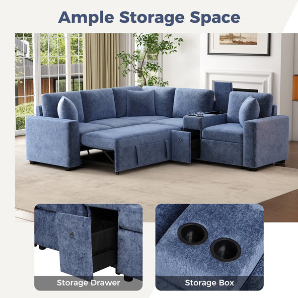 English Elm 120.5" L-shaped Convertible Sofa Bed Modular Sectional with Pull-Out Sleeper, Chenille, Storage, Cup Holders Blue N719S001940C