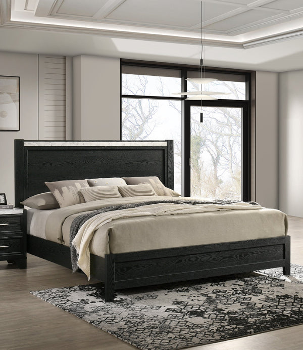English Elm 1pc Queen Panel Bed with Faux Marble Accents and Upholstered Headboard for Contemporary Retreat Black,White 81.81 L x 30 W x 4.96 H B2741S00590