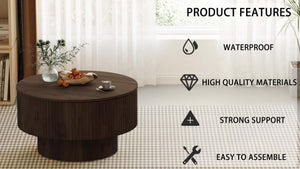 English Elm 29.53 Inch Round Mdf Coffee Table Sculptural Grooved Silhouette with Hidden Storage W2189P320663