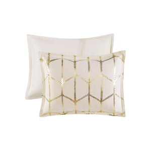 JLA Home Intelligent Design - Metallic Raina Comforter Set with Geometric Metallic Print, Embroidered Pillows & Antimicrobial Finish Ivory/Gold ID10-1507
