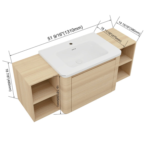 English Elm 52'' Wall-Mounted Vanity with White Ceramic Sink, Soft-Close Door, Plywood Shelves & Rounded Edges Ameican White Oak W999S00486