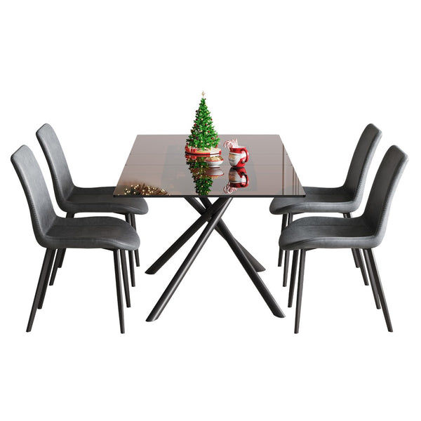 English Elm 59-inch Expandable Glass Top Dining Set Seats 8 with Upholstered Chairs X-base W2700S00082