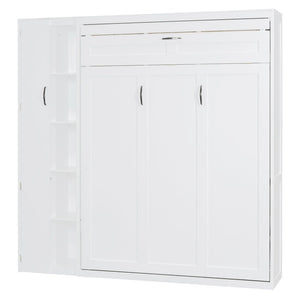 English Elm Full Size Murphy Bed with Open Shelving Wardrobe and Led Lighting for Studio Spaces White LP000898AAK