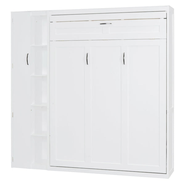 English Elm Full Size Murphy Bed with Open Shelving Wardrobe and Led Lighting for Studio Spaces White LP000898AAK