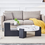 English Elm Modern Simple Double-Layer Round Coffee Table - Transparent Gray Glass Top With Black Mdf L-Shaped Legs.The Detachable Design Can Make The Use Of Space More Flexible.