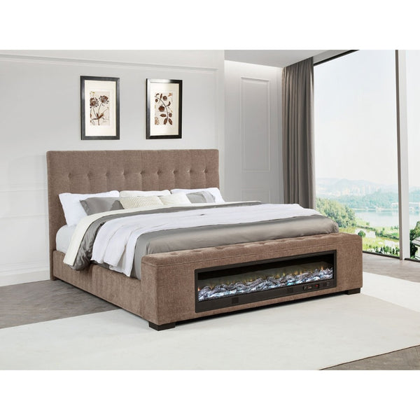 English Elm Crombie Tufted Brown Upholstered King Bed with Flame Visualizer and Bluetooth Speaker B062S01664