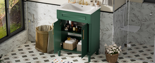 English Elm 24" Bathroom Vanity with Integrated Ceramic Sink and Adjustable Shelf, Vintage Hardware, Space-Saving Design Green N710P277711F