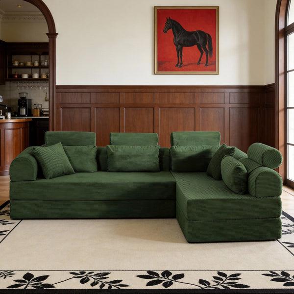 English Elm L Shaped Corduroy Sectional Sofa Converts to Sleeper Bed Space Saving Modular Couch Green W5532S00005