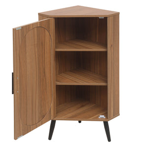 English Elm Corner freestanding rattan cabinet with metal base, slim corner shelf stand for living room space-saving storage and soft-touch black handle Walnut W688P160406