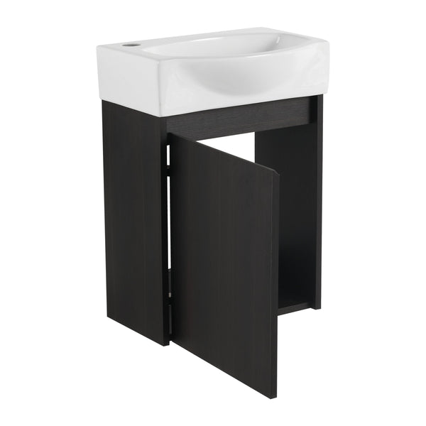 English Elm 16" Bathroom Vanity Sink Combo for Small Spaces — Compact Engineered Wood Cabinet with Ceramic Basin, Moisture-Resistant Finish and Hidden Handle, Easy Assembly Black W1972P190340