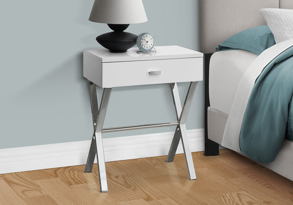English Elm Accent Elegant Modern Side Table with Glossy Laminate, Chrome Base and Drawer for Living Spaces White 22 L x 14 W x 7 H B2710P219241