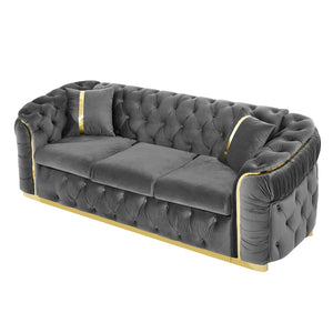 English Elm 2pcs Italian Velvet Chesterfield Sofa Set Tufted Three Seater with Gold Steel Legs Gray W1191S00043
