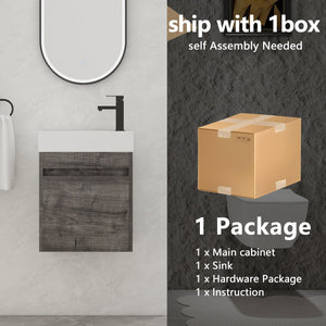 English Elm 18'' Floating Wall Vanity with Resin Sink, Open Shelf Storage, Eco-Friendly Plywood, Soft-Close Door Plaid Grey Oak W99936248