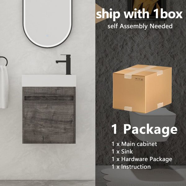 English Elm 18'' Floating Wall Vanity with Resin Sink, Open Shelf Storage, Eco-Friendly Plywood, Soft-Close Door Plaid Grey Oak W99936248