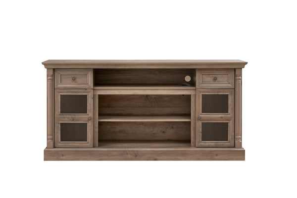 English Elm Farmhouse 70" Fireplace TV Stand with Roman Columns, LED Accent Lighting, Rustic Durable Media Console Gray W2393P300554