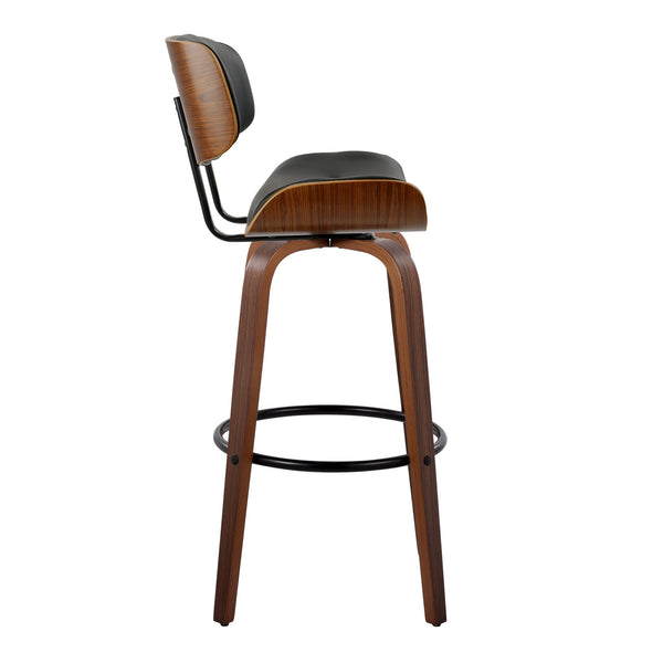 English Elm Lombardi Mid-Century 30" Barstool Set of 2 with Swivel, Tufted Faux Leather Seat and Walnut Backrest Black B202S00610