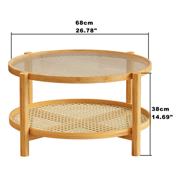 English Elm Rattan 2-Tier Bamboo Coffee Table with Water Ripple Glass Top, PVC Rattan Shelf, Natural White Modern Elegance W2992P347391