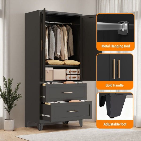 English Elm 71" Steel Wardrobe with Hanging Rod Two Drawers and Shelf for Compact Bedroom W3387P411306