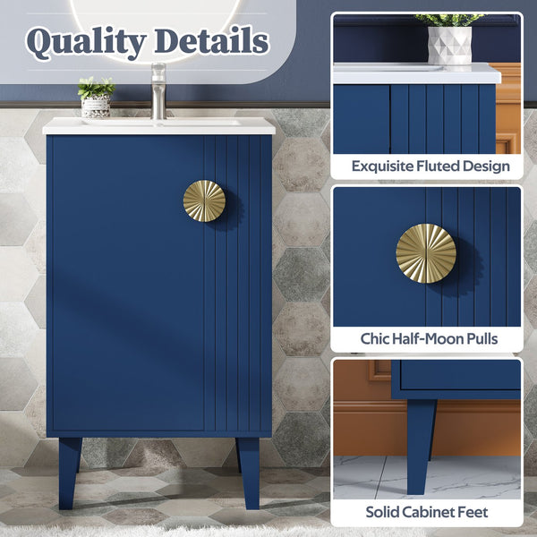 English Elm 20-inch French Style Bathroom Vanity with Integrated Ceramic Sink, Carved Accents & Soft-Close Door Blue N710P330971C