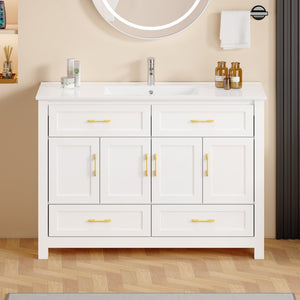 English Elm 48" White Bathroom Vanity with Resin Sink 4 Soft Close Doors Drawers Mdf Cabinet W3133S00027