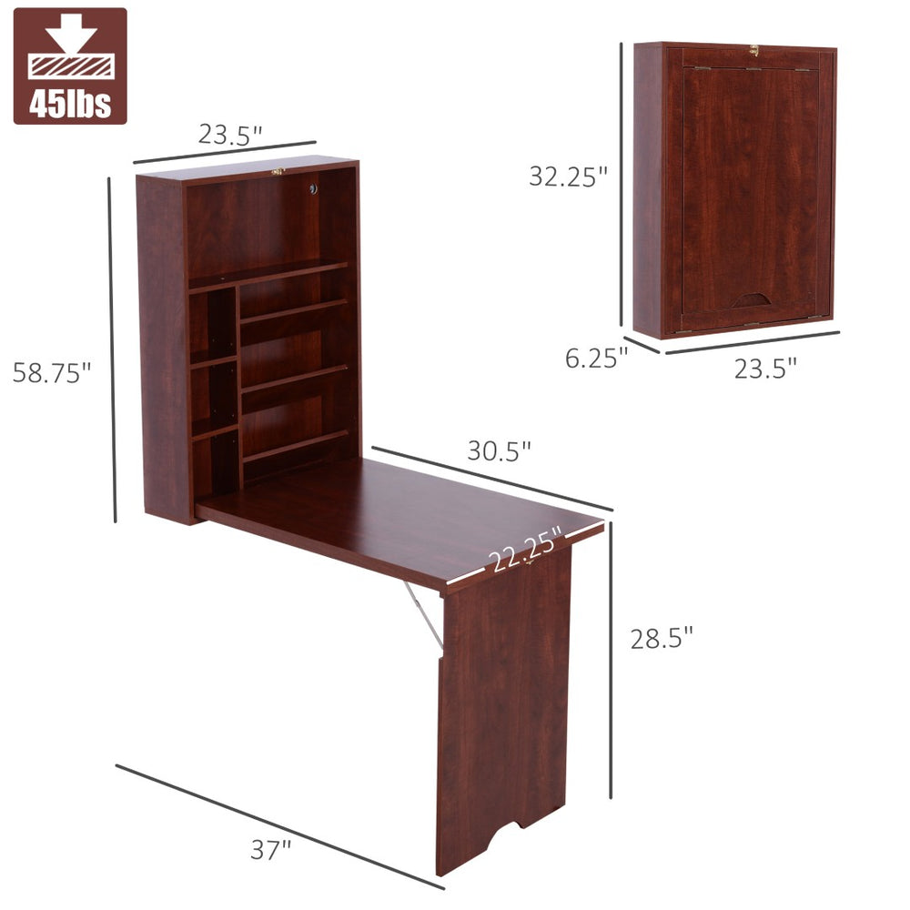 English Elm Wall Mounted Fold Out Desk in Mahogany Finish with Shelving for Compact Home Offices T3971P408153