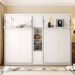 English Elm Dual Twin Murphy Beds with Built-In Cabinets & Shelves for Space-Saving Guest Rooms and Studios White N820S00058K