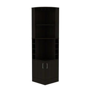 English Elm Syrah Corner Bar Cabinet with 8 Bottle Cubbies, 12-Glass Rack, Double Doors & Two Shelves - Black B070P217879