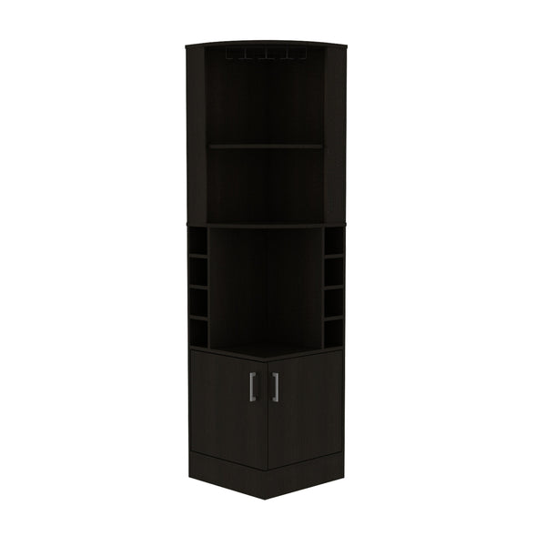 English Elm Syrah Corner Bar Cabinet with 8 Bottle Cubbies, 12-Glass Rack, Double Doors & Two Shelves - Black B070P217879