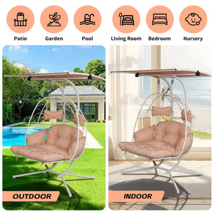 English Elm 2-person Outdoor Wicker Egg Chair Hanging Swing with Canopy Stand and Cushions Beige+White T5880P502253