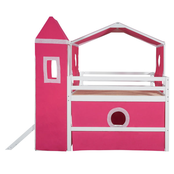 English Elm Full Size Kids Castle Loft Bed with Slide Tent and Tower Pinewood Play Structure LT000771AAH-1